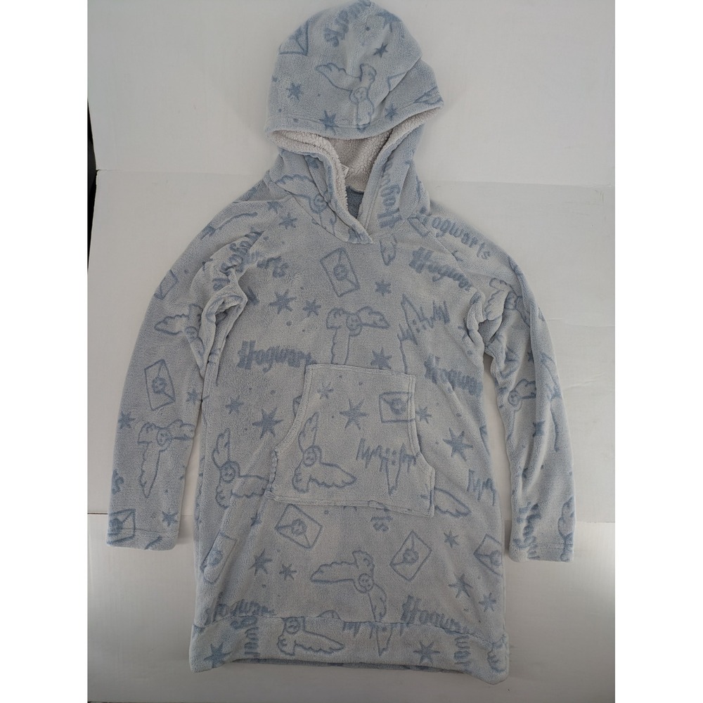 Harry Potter Hooded Nightgown Womens Medium Blue Hedwig Fleece Sleepwear Lounger